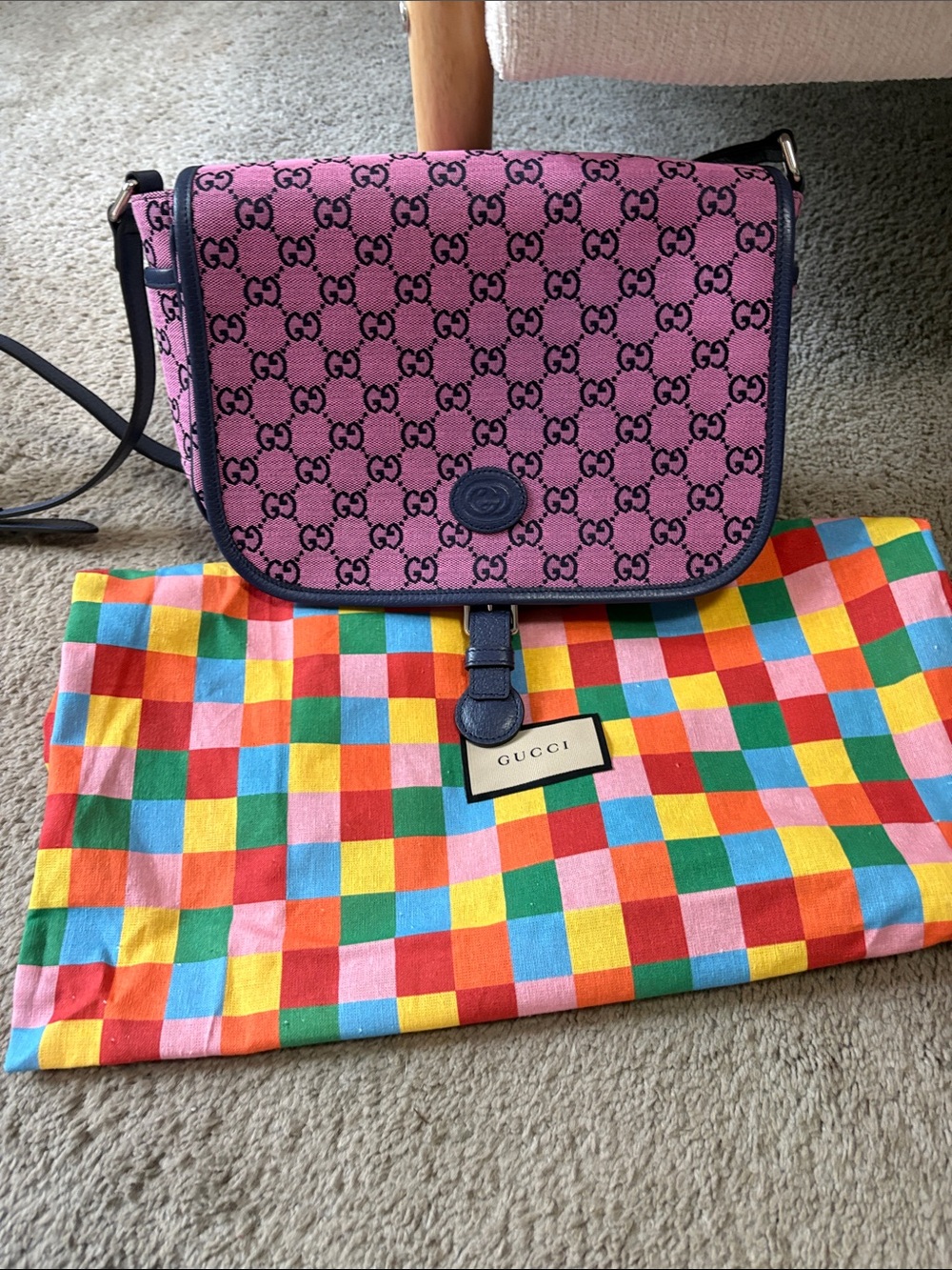 Gucci Pink GG Supreme Kids Crossbody with Navy Trim and Strap